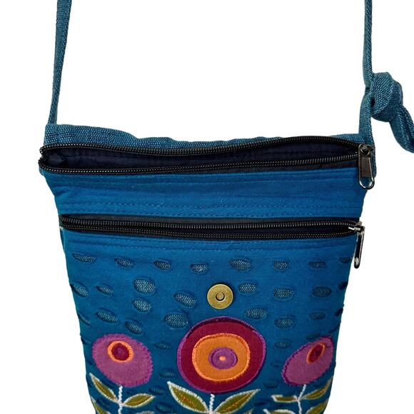 Rising Tide Blue Art to Wear Embroidered Floral Cotton Boho Crossbody Bag - Picture 4 of 8